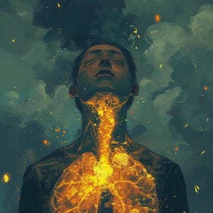 Könnte beinhalten: Eine Person mit geschlossenen Augen, mit einer leuchtenden, orangefarbenen, anatomischen Darstellung ihrer Lungen und Luftröhre. Der Hintergrund ist dunkelblau mit weißen Wolken und orangefarbenen Funken.