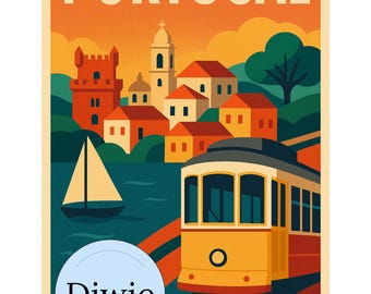 Gelbe Strassenbahn Illustration - Lissabon Reiseposter, Vintage Portugal Kunst, Gelbe Strassenbahn Illustration, Stadt Dekor von Lissabon, Europäischer Digitaler Download