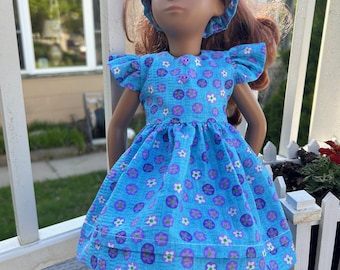Vestido mediano estampado turquesa y morado, pantalones para muñeca Sasha, diadema
