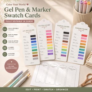 Puede incluir: Cuatro tarjetas de muestra verticales blancas con partes superiores redondeadas y orificios, con nombres de colores impresos y muestras de tinta coloreadas a mano. Las tarjetas están etiquetadas como Gel Pen Colors y Marker Colors.