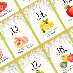 Printable Pregnancy Milestone Cards, Baby Size Cards, Fruits & Veggies Cards for Baby Size Tracking in Pregnancy, Baby Growth Cards