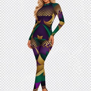 May include: A long-sleeve top and matching leggings set featuring a geometric pattern in shades of deep purple, forest green, and metallic gold. The fitted garment has a high neckline and a repeating abstract design across the entire surface.
