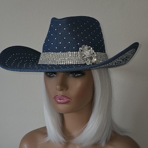 Wide Brim Cowgirl Hat with Rhinestone Tassel Denim Band, Adjustable Black Leather Rhinestone Fringe Cowboy Hat: Festival Cowgirl  main image 3
