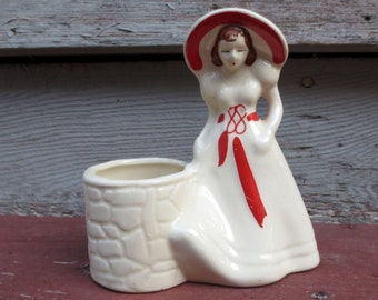 Woman at Wishing Well Cream Ceramic Figural Vintage Planter