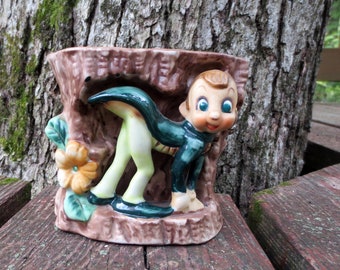 Charming Elf, Pixie with Tree Small Ceramic Figural Vintage Planter, 1950s, Acme China, Made in Japan