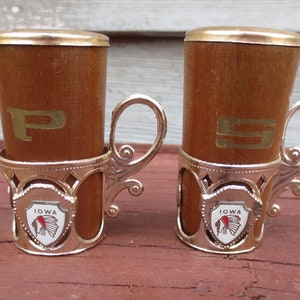 IOWA Vintage Wood Souvenir Salt and Pepper Shakers with Metal Stands, Mid-Century