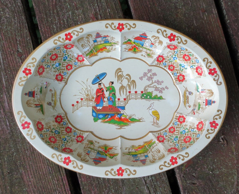 Asian Theme Daher Decorated Ware Vintage Metal Oval Bowl Etsy