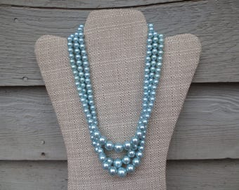 3-Strand Faux Pearl Vintage Necklace, Pale Pastel Blue Graduated Beads –20 in.
