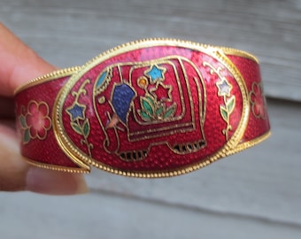 Red Cloisonné Enamel Elephant Hinged Bracelet, Vintage Jewelry