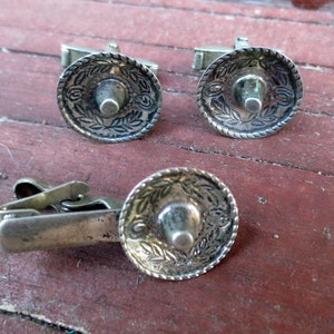 Sombrero Mexican Hat Cuff Links & Tie Clip, Sterling Silver, Vintage