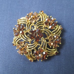 Vintage Brooch Pin with Rhinestones, Gold Tone