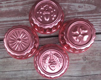 Set of 4 Jello Molds, Nuts, Flower, Clover, Vintage, Copper Tone, 3 in