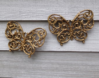 Pair of Gold Scrolled Plastic Butterflies, 1970s Vintage Wall Décor