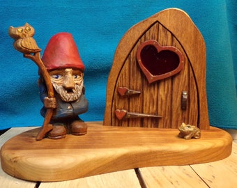 Woodland Gnome, Owl, Toad, Door with stained glass window