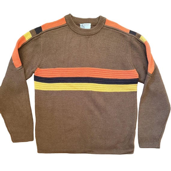 70s Brown Striped Acrylic Pullover Sweater, Accent Colors Stilton California M