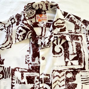 Sears Hawaiian Fashions, Vintage 70s Hawaiian White/Brown Polyester Shirt M