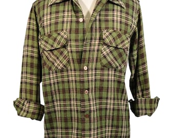 Vintage 60s Mens Green Wool Tartan Plaid Board Shirt, JC Penny Towncraft M