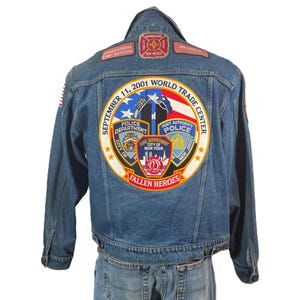Vintage Wrangler Denim Jacket, Fallen Heroes 9/11 & POW MIA F16 Taco, New Mexico Fire Fighter Patches SZ L