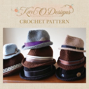 May include: Four crocheted hats in different colors and styles, including brown, blue, and beige. The hats are stacked on top of each other, with the largest hat on the bottom and the smallest hat on top. The hats are all decorated with different colored ribbons and embellishments. The image includes the text "Kari O. Designs Custom & Handcrafted CROCHET PATTERN".