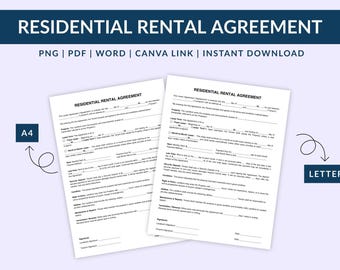 May include: Two white Residential Rental Agreement forms with text. The top banner reads "RESIDENTIAL RENTAL AGREEMENT" with options for PNG, PDF, Word, Canva Link, and Instant Download. The forms are labeled A4 and Letter.