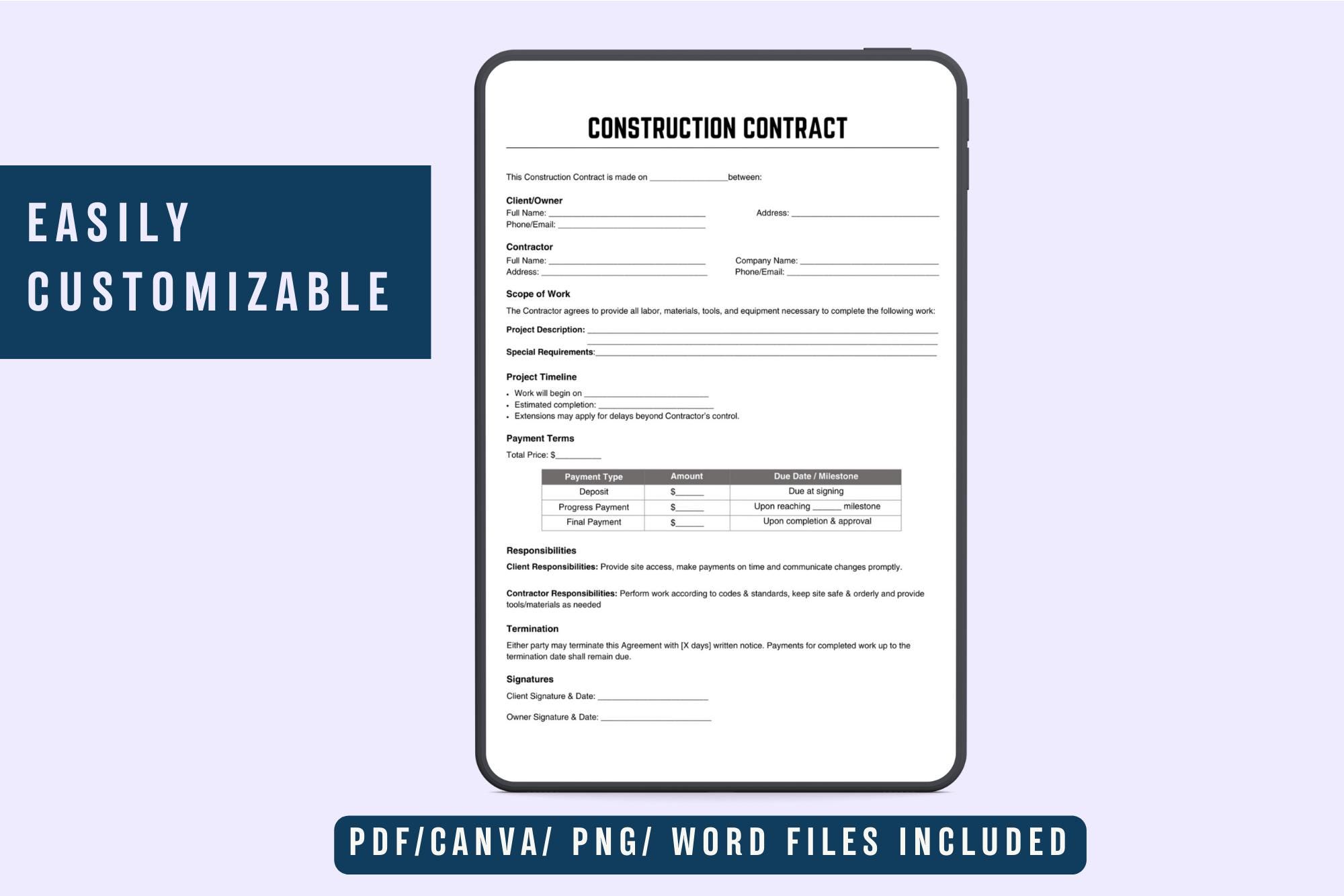 Construction Contract Template | Editable Contractor Agreement ...