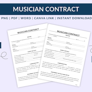 Musiker Aufführungsvertrag Vorlage | Bearbeitbare Musikvereinbarung | PDF Word Canva | Künstlervertrag
