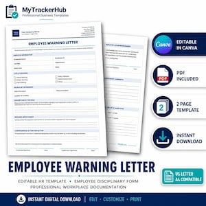 Op de afbeelding: Een tweedelig sjabloon voor een waarschuwingsbrief voor werknemers met secties voor werknemersinformatie, type waarschuwing, incidentdetails, vereiste verbeteringen en gevolgen, inclusief een sectie voor de bevestiging door de werknemer.