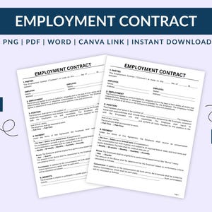 May include: Two white Employment Contract documents with black text, labeled "Employment Contract" at the top. The documents are on a light purple background with the text "PNG | PDF | WORD | CANVA LINK | INSTANT DOWNLOAD" at the top.