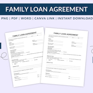 Puede incluir: Dos formularios blancos de Acuerdo de Préstamo Familiar con campos rellenables, etiquetados como "A4" y "Letter". Los formularios están sobre un fondo morado claro con el texto "FAMILY LOAN AGREEMENT" en la parte superior.
