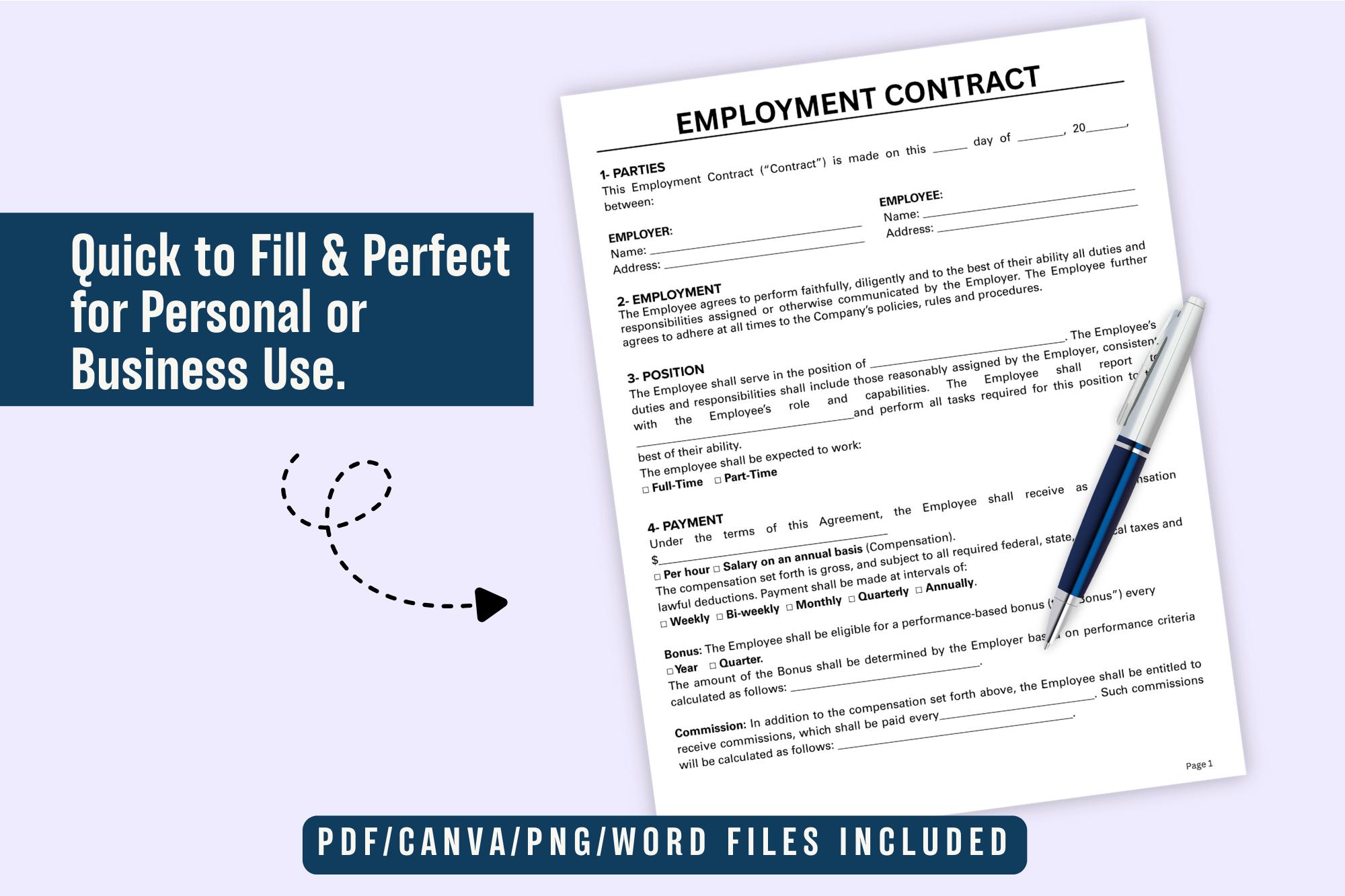 Employment Contract Template | Editable Job Agreement | Word PDF Canva ...
