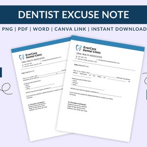 Può includere: Due note di scuse del dentista bianche con dettagli blu. Le note hanno il testo "DENTIST EXCUSE NOTE" in alto. Le note includono il logo EverCare Dental Clinic e il testo "PNG | PDF | WORD | CANVA LINK | INSTANT DOWNLOAD".