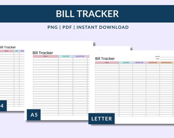 Seguimiento de facturas mensuales imprimible: tamaños de carta A4 y A5 (PDF, PNG)