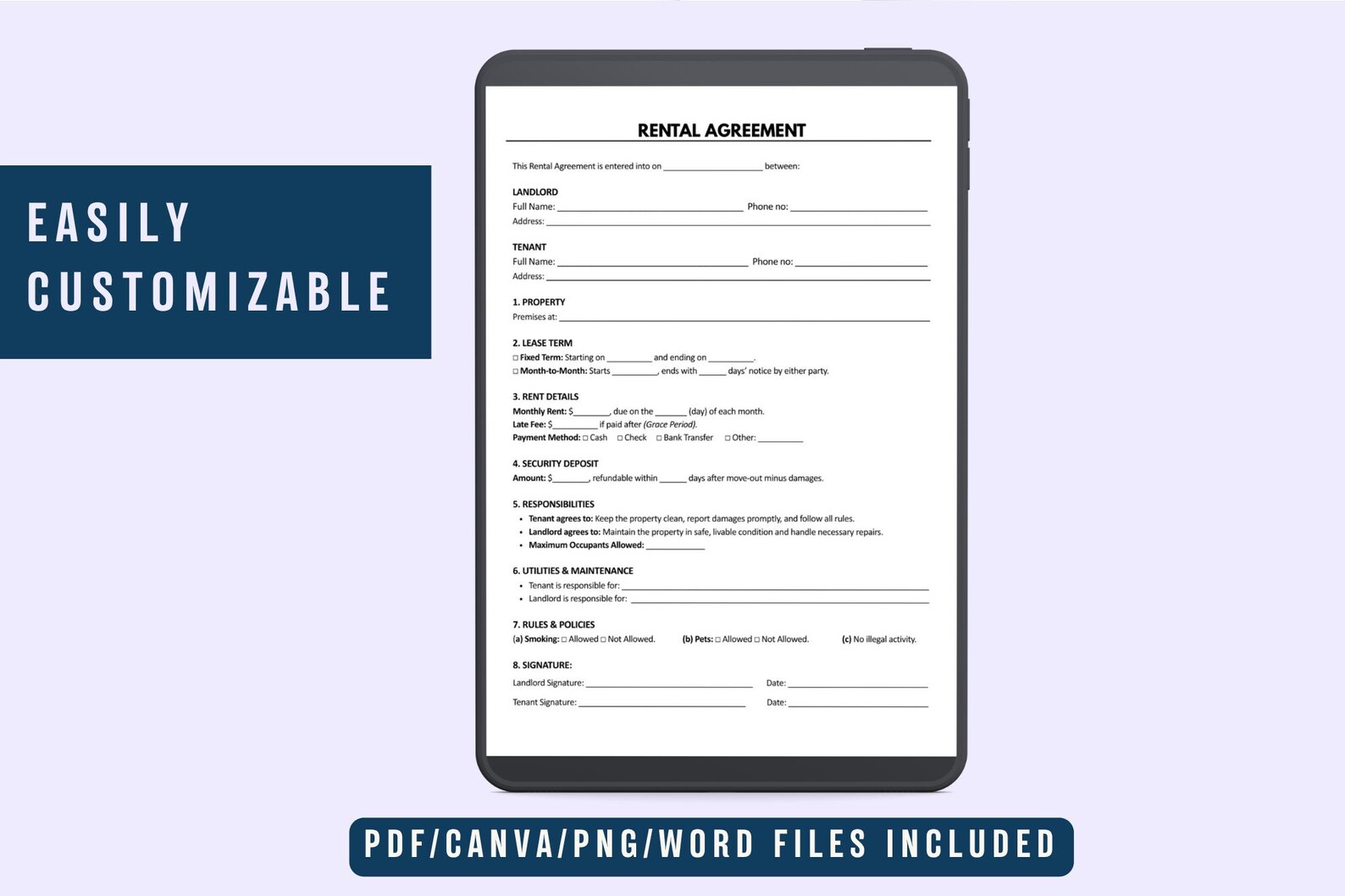 Editable Rental Agreement Template: Landlord Lease Contract (PDF, Word ...