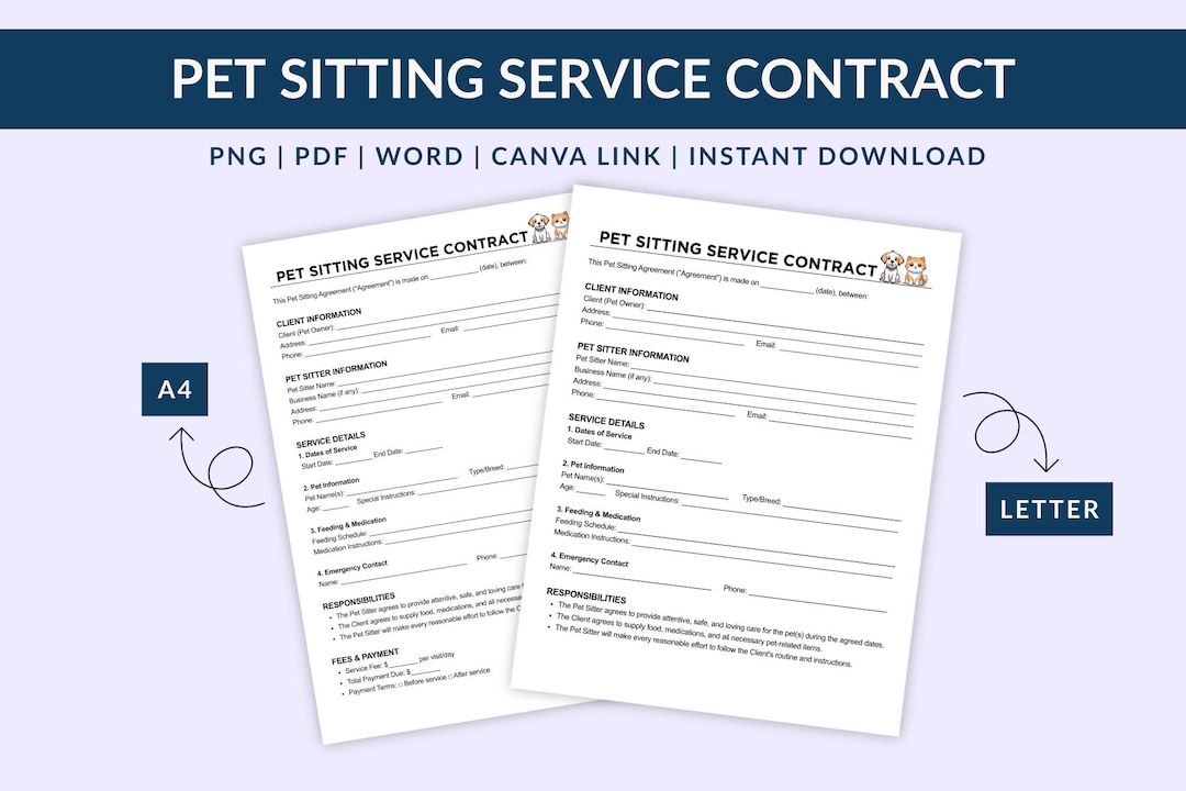 Pet Sitting Contract Template Editable Pet Care Agreement (canva, PDF