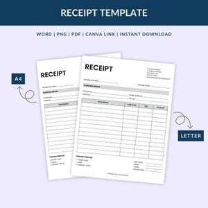 Receipt Template | Printable Business Receipt | Editable Canva, Word & PDF | Sales Invoice Form | Instant Download