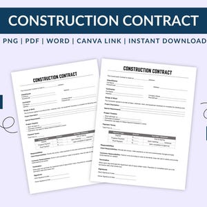 Könnte beinhalten: Zwei weiße Bauvertrags-Vorlagen mit dem Text "CONSTRUCTION CONTRACT" oben. Die Vorlagen sind mit A4 und Letter-Größe beschriftet. Das obere Banner enthält "PNG | PDF | WORD | CANVA LINK | INSTANT DOWNLOAD".