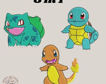 Desenho de bordado Pikachu, Eevee, Charmander (arquivo digital)