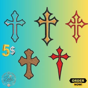 May include: An assortment of embroidered cross designs in various colors, including teal, gold, brown, and red, with black outlines. The image also features the text "5$" and "ORDER NOW!"