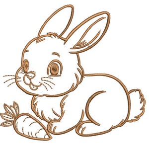 May include: A brown embroidered design of a cartoon rabbit with large ears, whiskers, and a carrot. The rabbit is sitting down, with its paws and a carrot in front of it. The design is on a white background.