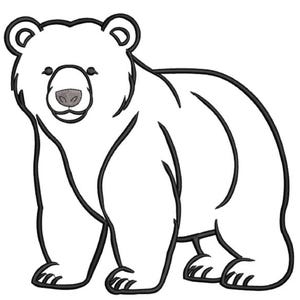 Pode incluir: Ilustração de um urso branco com detalhes de contorno preto. O urso está em pé, voltado para a frente, com um rosto e patas detalhadas. O nariz do urso é de cor castanho claro.