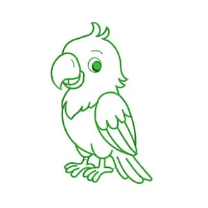 Puede incluir: Un contorno verde de un loro de dibujos animados con un pico grande, una cabeza con mechones y un solo ojo verde. El loro está de pie, con sus alas y patas visibles. El diseño es simple y adecuado para bordados o artesanías similares.