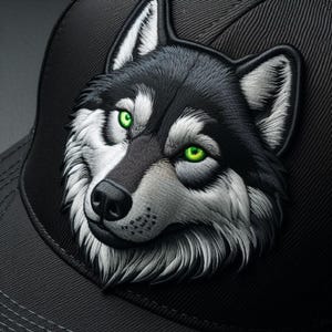 Könnte beinhalten: Schwarze Baseballkappe mit einem detailliert gestickten Wolf-Patch mit grünen Augen.
