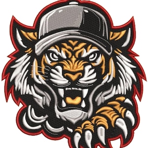 May include: Embroidered patch featuring a fierce tiger wearing a gray and black baseball cap. The tiger has yellow and black stripes, white fur, and a red border. Its mouth is open, revealing sharp teeth and claws.
