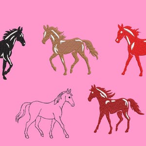 May include: A pink background features five embroidered horse designs in various colors. The horses are black, brown, red, pink outline, and maroon. Each horse is depicted in a walking pose, with detailed manes and tails.