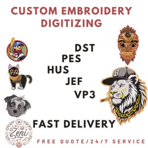 May include: An advertisement for custom embroidery digitizing services. The image features various embroidered designs, including a baseball player, a cat, a dog, a lion, and a tribal mask. The text includes "CUSTOM EMBROIDERY DIGITIZING" and "FAST DELIVERY".