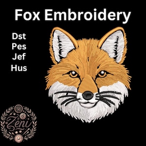 Puede incluir: Diseño de cabeza de zorro bordado en naranja, blanco y negro. El diseño está disponible en los formatos DST, PES, JEF y HUS.