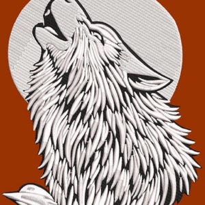 Puede incluir: Una ilustración en blanco y negro de un lobo aullando a la luna. El lobo está representado de una manera estilizada, casi caricaturesca, con un pelaje grueso y esponjoso. La luna es un círculo simple con un fondo blanco.