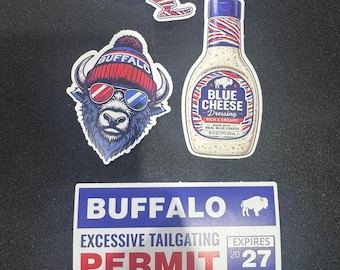 May include: A collection of four stickers: a New York state outline with red and blue stripes and the text MAFIA, a bison wearing a red beanie and sunglasses, a bottle of blue cheese dressing, and a rectangular Buffalo Excessive Tailgating Permit.