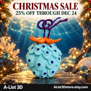 May include: A light blue, spherical fruit-shaped object with a textured, scale-like surface featuring dark blue circular patterns. It has an orange, star-shaped top and two purple, spiraling stems extending upward from the center.