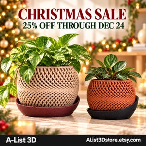 May include: Two round planters with intricate lattice patterns, one beige and one terracotta, each resting on a matching saucer. The beige planter holds a variegated pothos plant, while the terracotta planter holds a small green plant.